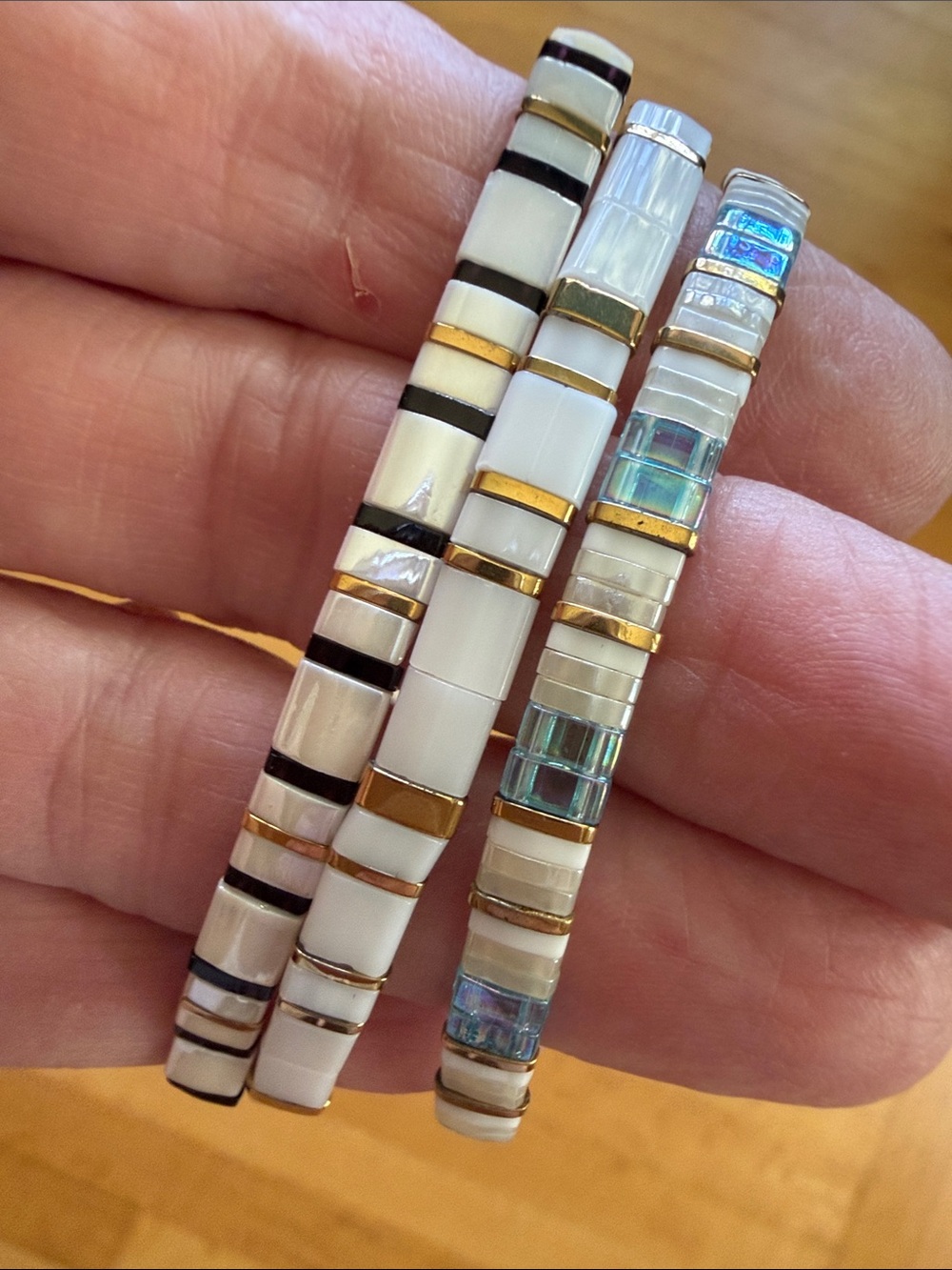Stacked White, Black & Aqua Tile Stretch Bracelets with Gold Accents